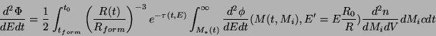 \begin{displaymath}\frac{d^2\Phi}{dEdt}=\frac{1}{2}\int_{t_{form}}^{t_0}\left(
\...
...i}{dEdt}(M(t,M_i),E'=E\frac{R_0}{R})\frac{d^2n}{dM_idV}dM_icdt
\end{displaymath}