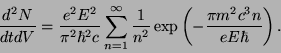 \begin{displaymath}
\frac{d^2N}{dtdV}=\frac{e^2E^2}{\pi^2\hbar
^2c}\sum_{n=1}^{\infty}\frac{1}{n^2}\exp\left(-\frac{\pi
m^2c^3n}{eE\hbar}\right).
\end{displaymath}