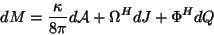 \begin{displaymath}
dM =\frac{\kappa}{8\pi} d\mathcal{A} + \Omega^H dJ + \Phi^H dQ
\end{displaymath}