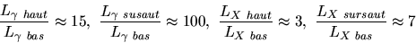 \begin{displaymath}\frac{L_{\gamma~haut}}{L_{X~haut}}\times C \approx 5~{\rm et}~\frac{L_{\gamma~sursaut}}{L_{X~sursaut}}\times C \approx 14\end{displaymath}