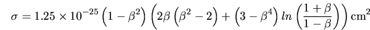 $\beta=\left(1-2\left(mc^2\right)^2/(E\epsilon\left(1-cos\theta\right))\left(1+z\right)^2\right)^{1/2}$