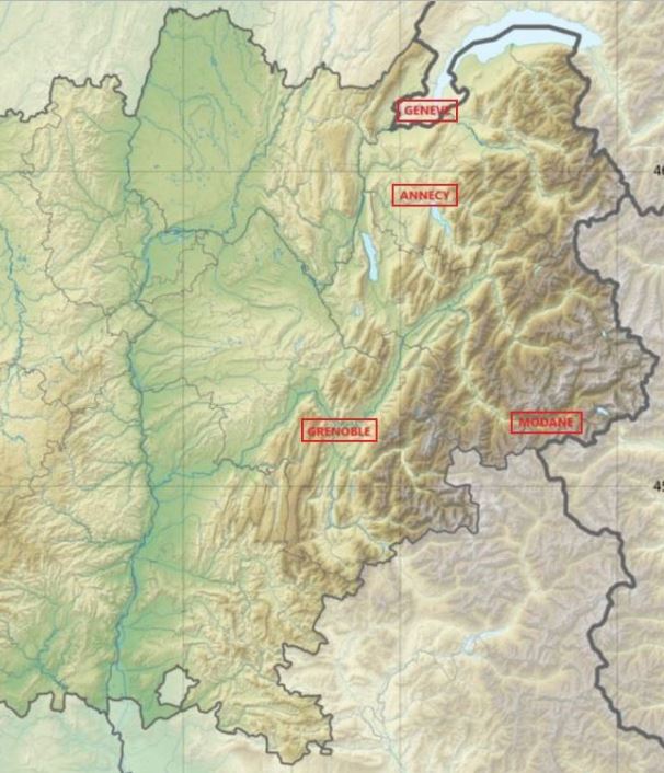 Carte topographique d'une partie de la région Auvergne-Rhône-Alpes, France, destinée à la géolocalisation.©NASA Shuttle Radar Topography Mission (SRTM3 v.2 & SWBD) (public domain) 